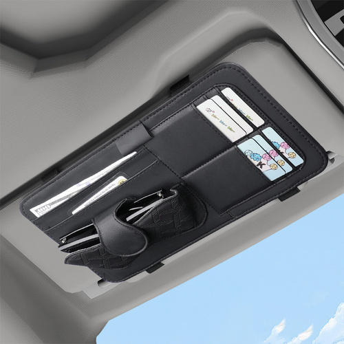 Black Car Organizer - Sun Visor Clip with Sunglasses Holder, Card Holder, Cash Pocket - Main Image