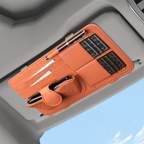 Brown Car Organizer - Sun Visor Clip with Sunglasses Holder, Card Holder, Cash Pocket - Main Image