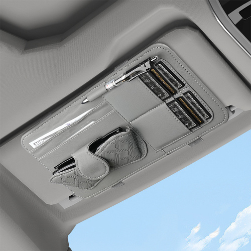 Gray Car Organizer - Sun Visor Clip with Sunglasses Holder, Card Holder, Cash Pocket - Main Image