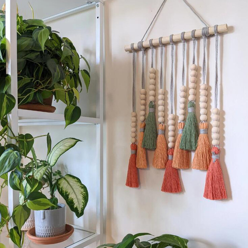 Colorful Tassel Wall Hanging-Wooden Beads Boho Tapestry Home Decor (Daylily red) - Main Image