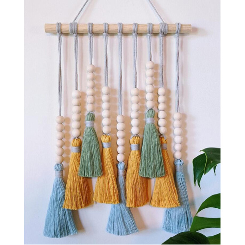 Colorful Tassel Wall Hanging-Wooden Beads Boho Tapestry Home Decor (Light Blue) - Main Image