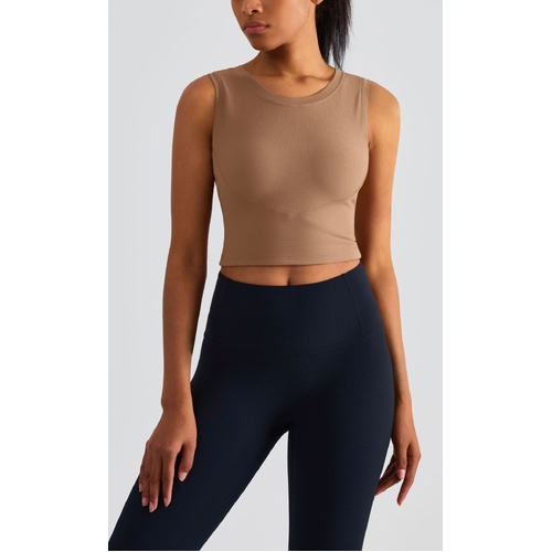 Size 6 Brown Fixed Cup Sports Bra with Cross-Back Design - Seamless Yoga Bra for Women - Main Image