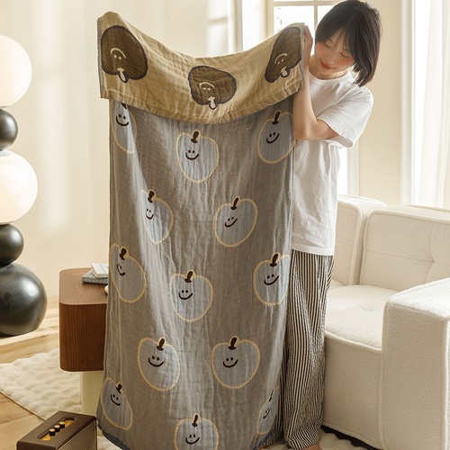 Blue Apples Pattern Soft and Absorbent 4-Layer Cotton Bath Towel for Adults and Children | Cartoon Design | 80*160 cm | Perfect for Bathing and Loungi - Main Image