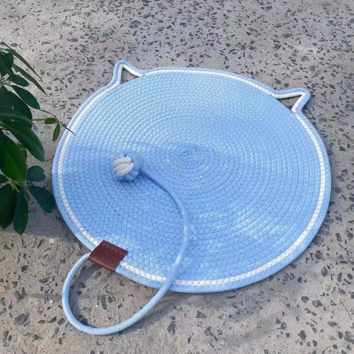 3 Pcs Blue Durable Cat Scratching Mat with Attached Toy Ball - Washable and Multi-Functional, Ideal for Cats' Scratching and Sleeping - 50cm Diameter - Main Image