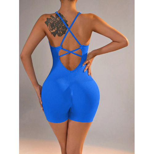 Size L Royal Blue Nylon Seamless Yoga Bodysuit - Women's Athletic Romper, Crisscross Back, Workout Jumpsuit - Main Image