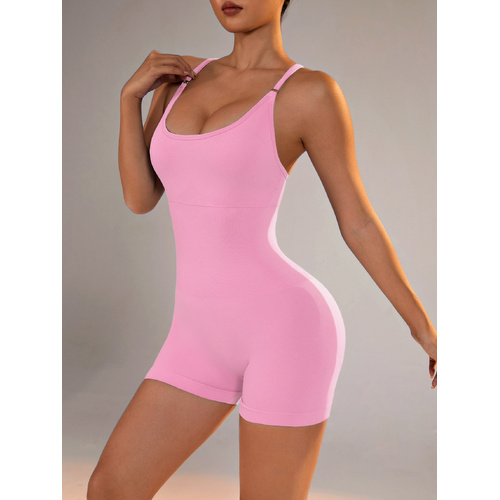 Size S Light Pink Grey Nylon Seamless Yoga Bodysuit - Women's Athletic Romper, Crisscross Back, Workout Jumpsuit - Main Image