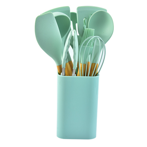 Green 12-Piece Silicone Kitchen Utensil Set with Beechwood Handles & Holder - Main Image