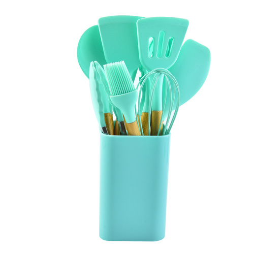 Light Green 12-Piece Silicone Kitchen Utensil Set with Beechwood Handles & Holder - Main Image