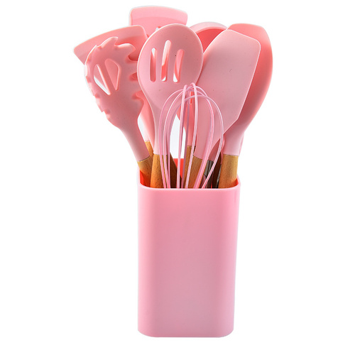Pink 12-Piece Silicone Kitchen Utensil Set with Beechwood Handles & Holder - Main Image