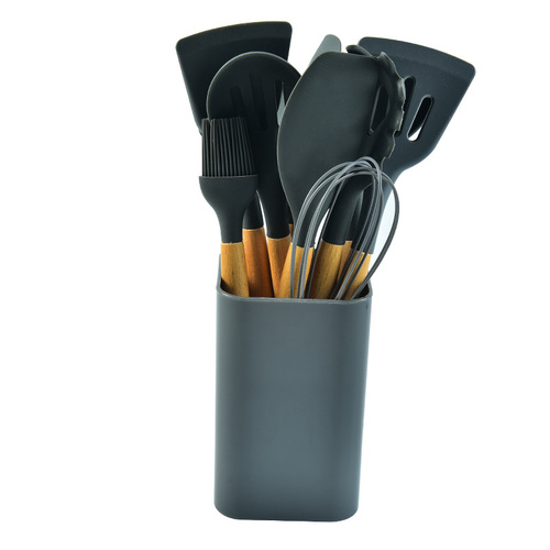 Black 12-Piece Silicone Kitchen Utensil Set with Beechwood Handles & Holder - Main Image