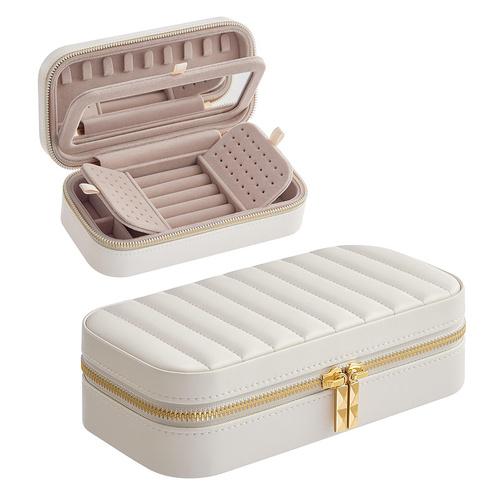 White Dual Zipper Portable Jewelry Box with Mirror - Travel Jewelry Organizer - Main Image
