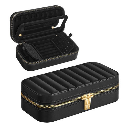 Black Dual Zipper Portable Jewelry Box with Mirror - Travel Jewelry Organizer - Main Image
