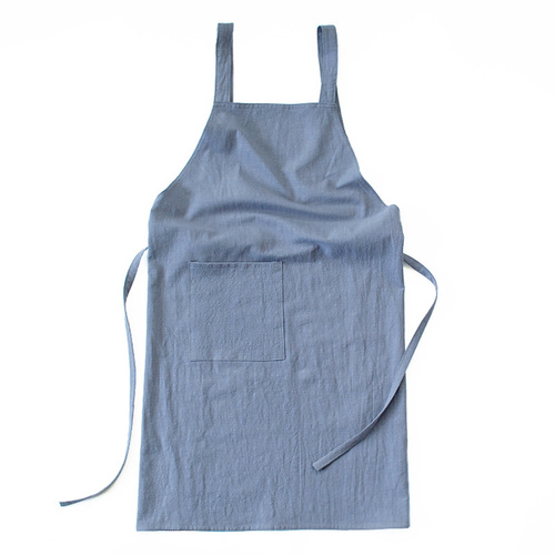 Blue Cotton Linen H-Back Apron - Solid Color Kitchen Cooking Apron with Pocket - Main Image
