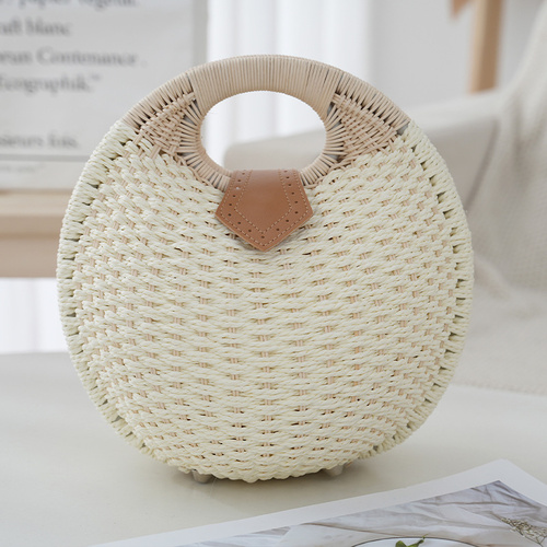 White Boho Circle Straw Bag - Stylish Woven Tote with Round Handles - Main Image