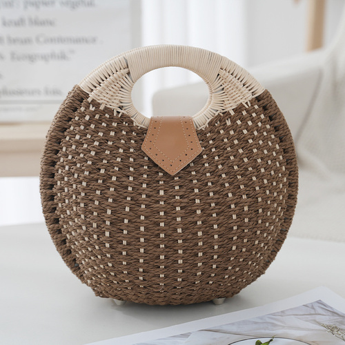 Brown Boho Circle Straw Bag - Stylish Woven Tote with Round Handles - Main Image