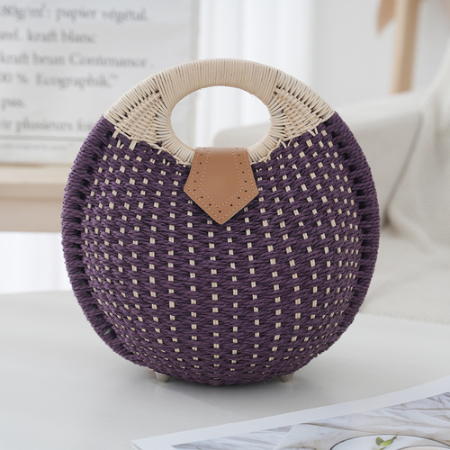 Purple Boho Circle Straw Bag - Stylish Woven Tote with Round Handles - Main Image