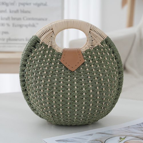 Green Boho Circle Straw Bag - Stylish Woven Tote with Round Handles - Main Image