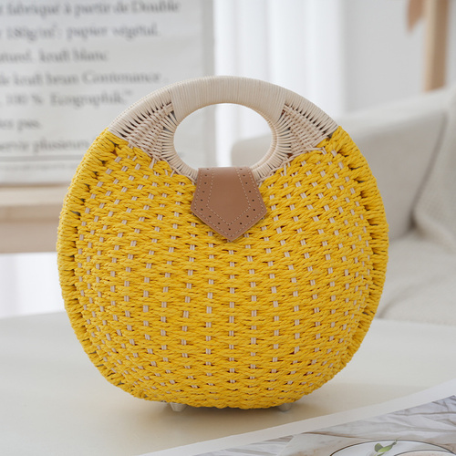 Yellow Boho Circle Straw Bag - Stylish Woven Tote with Round Handles - Main Image