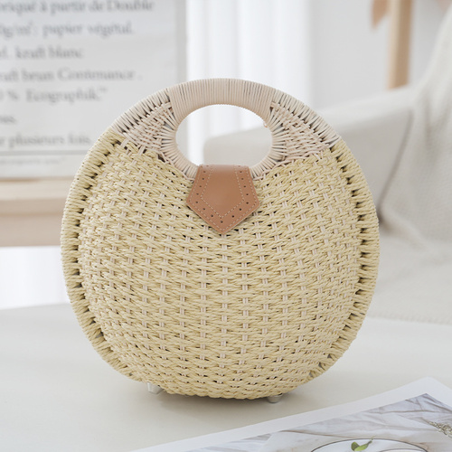 Off White Boho Circle Straw Bag - Stylish Woven Tote with Round Handles - Main Image