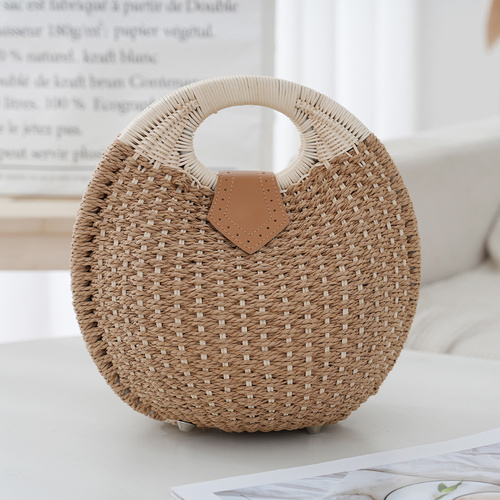Khaki Boho Circle Straw Bag - Stylish Woven Tote with Round Handles - Main Image