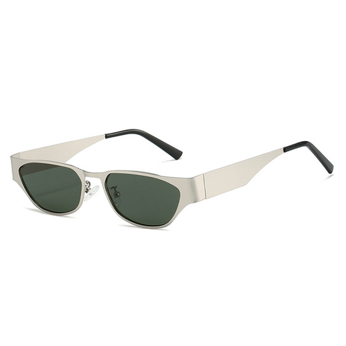 Silver Frame Dark Green Film Retro Cat Eye Sunglasses - Metal Frame, UV400 Protection - Main Image
