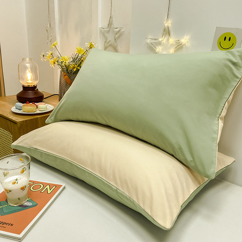 Green And Yellow Washed Cotton Pillowcase Set - Solid Color, Simple Two-Tone Design, 48x74cm (Pair) - Main Image
