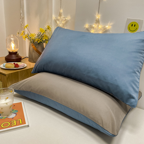 Light Blue And Grey Washed Cotton Pillowcase Set - Solid Color, Simple Two-Tone Design, 48x74cm (Pair) - Main Image
