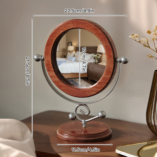Silver and Brown Vintage Solid Wood Makeup Mirror - 360° Rotation Desktop Vanity Mirror - Main Image
