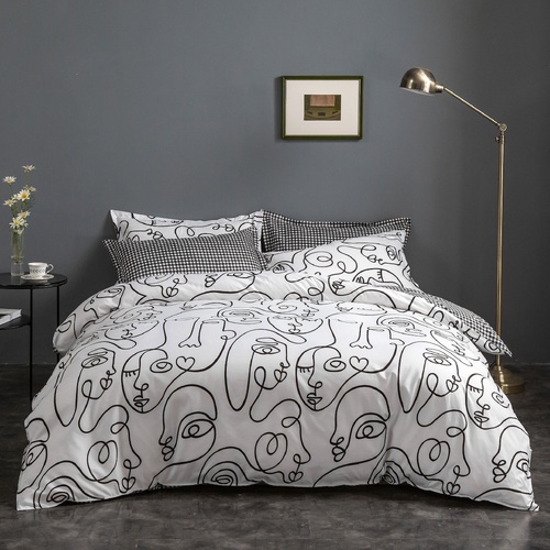 Face Line Graffiti Pattern 3-Piece Polyester Duvet Cover Set with 2 Pcs Pillowcases - Elegant Bedding, Machine Washable, 173x230cm Duvet + 51x76cm Pil - Main Image