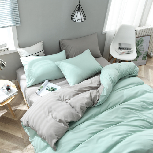 Mint Green And Grey Stitching Ultra-Soft Solid Color 4-Piece Bedding Set - Queen Size(Suitable for 2m bed) - Main Image
