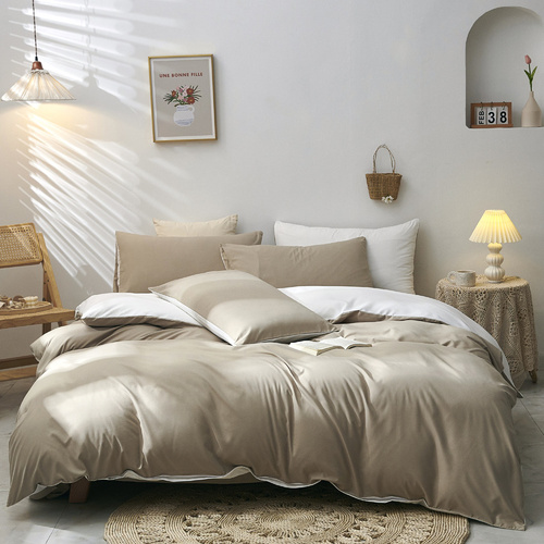 Light Brown And White Stitching Ultra-Soft Solid Color 4-Piece Bedding Set - Queen Size(Suitable for 2m bed) - Main Image