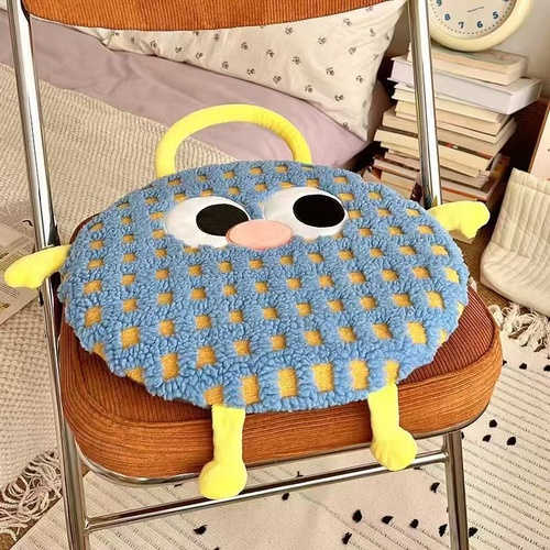 Blue Plaid Cute Cartoon Round Memory Foam Seat Cushion - Detachable & Washable - Main Image