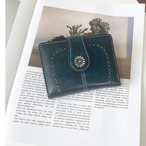 Peacock Blue Vintage PU Leather Women's Short Wallet - Elegant Zipper Coin Pocket Multi-Function Card Holder - Main Image