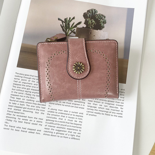 Pink Vintage PU Leather Women's Short Wallet - Elegant Zipper Coin Pocket Multi-Function Card Holder - Main Image