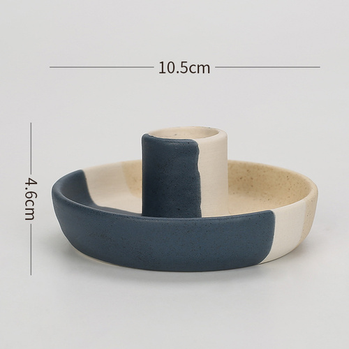 2 Pcs Blue, White And Yellow Stitching Oval Bottom Nordic Ceramic Candle Holder with Jewelry Dish - Elegant Minimalist Home Decor Piece - Main Image