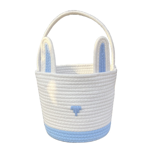 Blue And White Stitching Charming Easter Egg Tote Basket - Cute Rabbit-Themed Handwoven Cotton Rope Candy Holder - Main Image