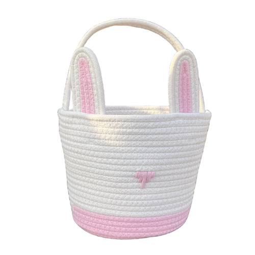 Pink And White Stitching Charming Easter Egg Tote Basket - Cute Rabbit-Themed Handwoven Cotton Rope Candy Holder - Main Image