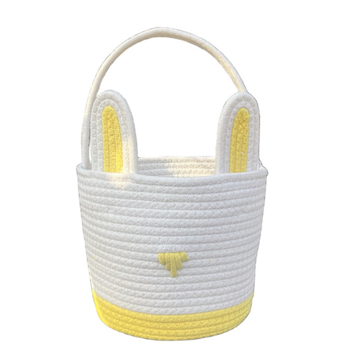 Yellow And White Stitching Charming Easter Egg Tote Basket - Cute Rabbit-Themed Handwoven Cotton Rope Candy Holder - Main Image