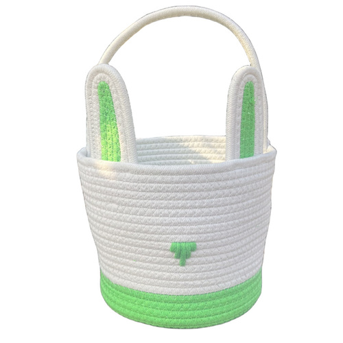 Green And White Stitching Charming Easter Egg Tote Basket - Cute Rabbit-Themed Handwoven Cotton Rope Candy Holder - Main Image