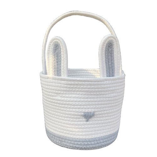 Grey And White Stitching Charming Easter Egg Tote Basket - Cute Rabbit-Themed Handwoven Cotton Rope Candy Holder - Main Image