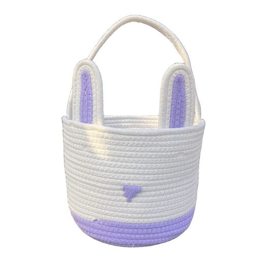 Purple And White Stitching Charming Easter Egg Tote Basket - Cute Rabbit-Themed Handwoven Cotton Rope Candy Holder - Main Image