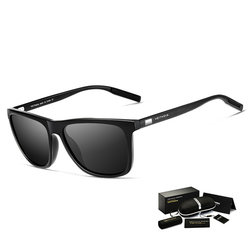 Black Frame + Black Temples + Gray Lenses Unisex Aluminum-Magnesium Square Polarized Sunglasses - Stylish UV-Protective Driving Glasses with Case - Main Image