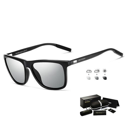 Black Frame + Black Temples + Photochromic Gray Lenses Unisex Aluminum-Magnesium Square Polarized Sunglasses - Stylish UV-Protective Driving Glasses w - Main Image