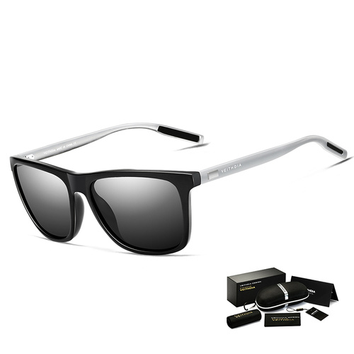 Black Frame + Silver Temples + Gray Lenses Unisex Aluminum-Magnesium Square Polarized Sunglasses - Stylish UV-Protective Driving Glasses with Case - Main Image