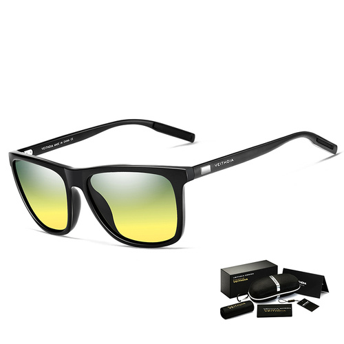 Black Frame + Black Temples + Yellow Lenses Unisex Aluminum-Magnesium Square Polarized Sunglasses - Stylish UV-Protective Driving Glasses with Case - Main Image