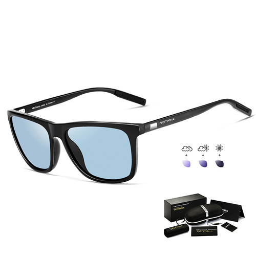 Black Frame + Black Temples + Photochromic Blue Lenses Unisex Aluminum-Magnesium Square Polarized Sunglasses - Stylish UV-Protective Driving Glasses w - Main Image