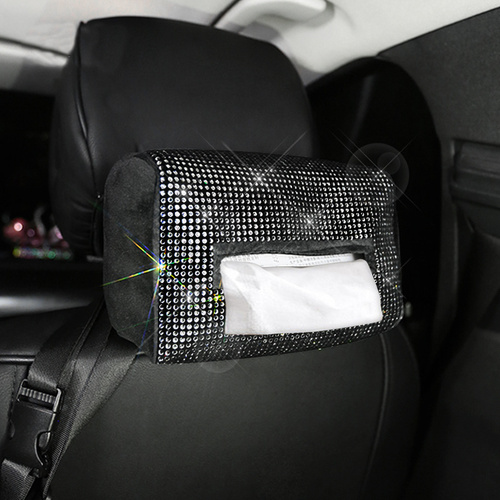 Black Diamond Bling Rhinestone Car Tissue Box Holder - Applies to Visor & Seat Back - Main Image