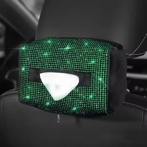 Green Diamond Bling Rhinestone Car Tissue Box Holder - Applies to Visor & Seat Back - Main Image