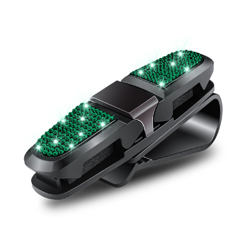 6 Pcs Green Luxury Rhinestone Car Sun Visor Glasses Clip - Multi-Functional, 180° Rotatable, ABS Material - Main Image