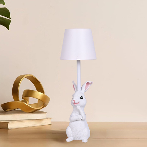 White Bunny White Lampshade Adorable Rabbit Resin Table Lamp - 3-Color LED, USB Rechargeable, Touch Dimming - Main Image